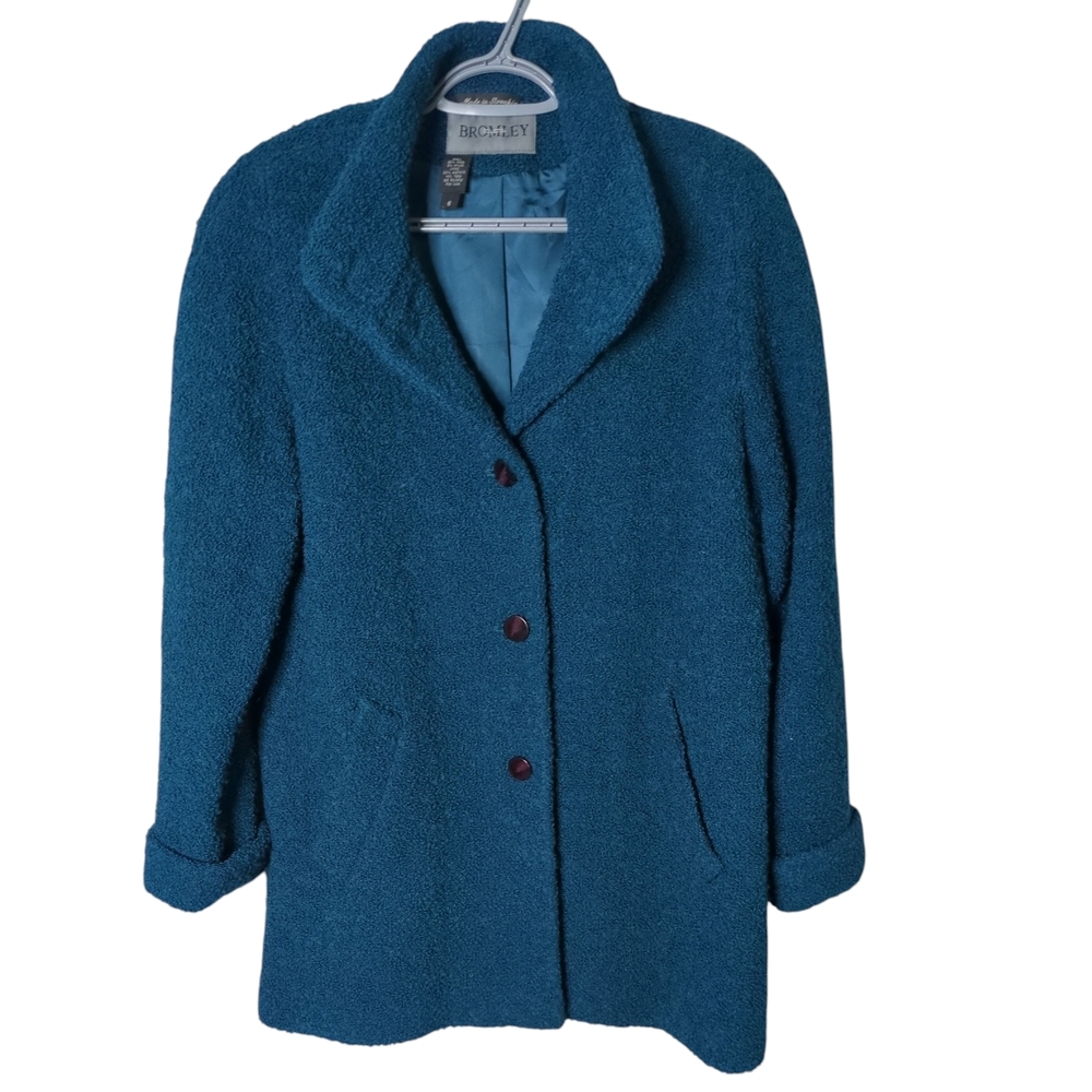 Bromley Teal Boucle Wool Blend‎ Dressy Coat Size 6 Satin Lining Longer Length